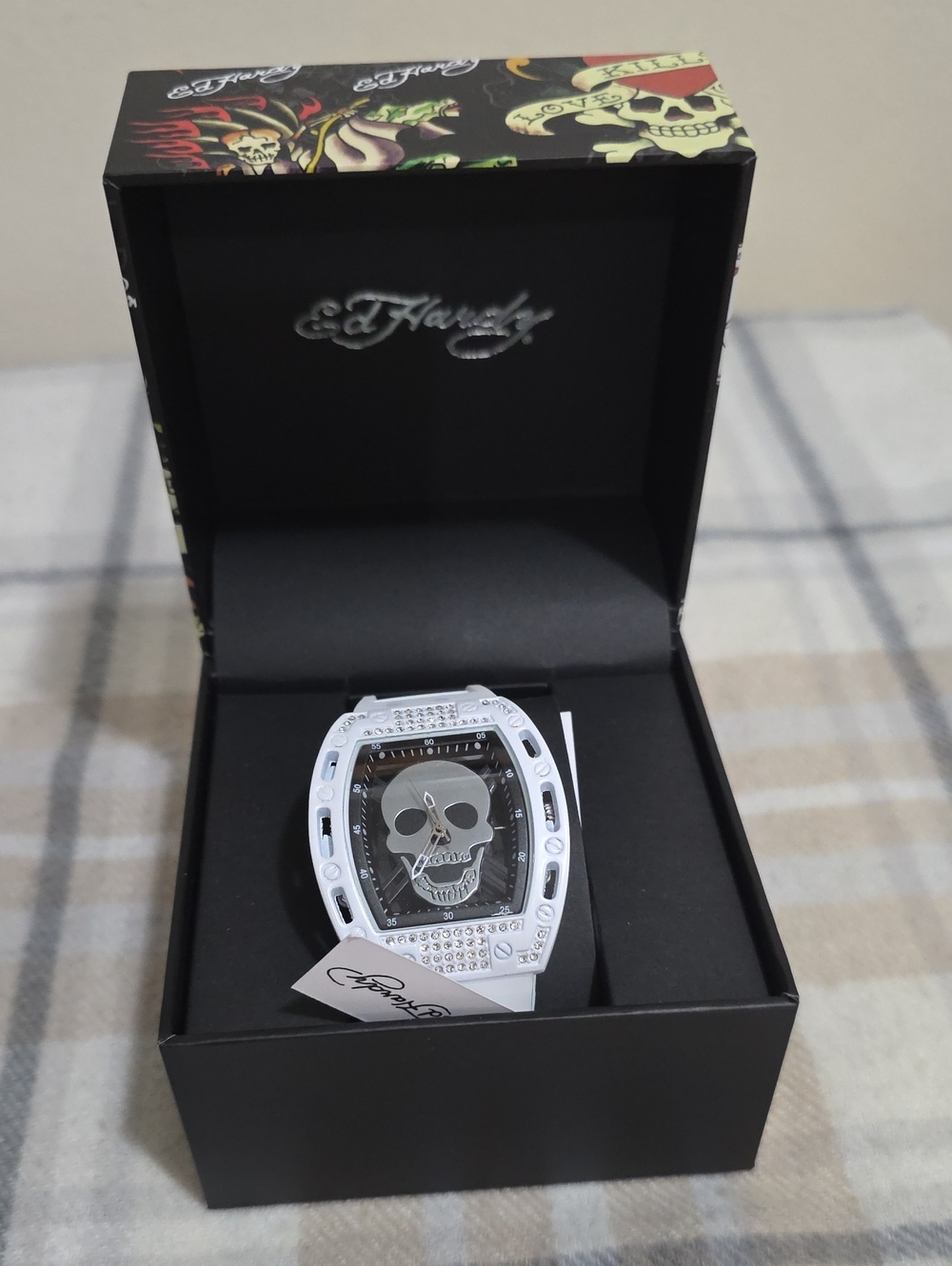 Ed Hardy White and Black Skull Accent Watch
